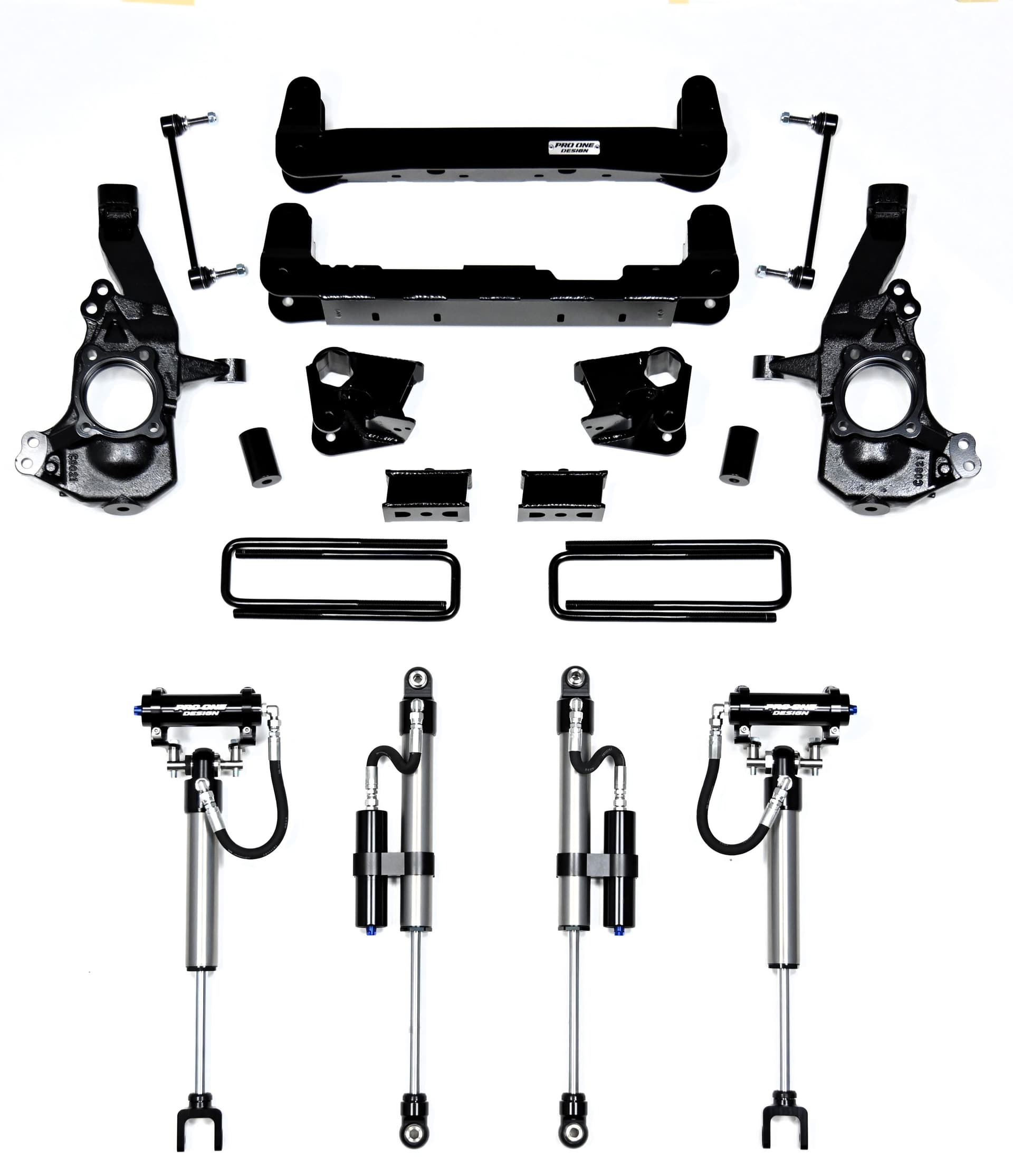 PRO ONE DESIGN 4-INCH LIFT W/ 2.0" REMOTE RESERVOIR SHOCKS FOR 20-26 CHEVY / GMC 2500HD/3500HD 2WD