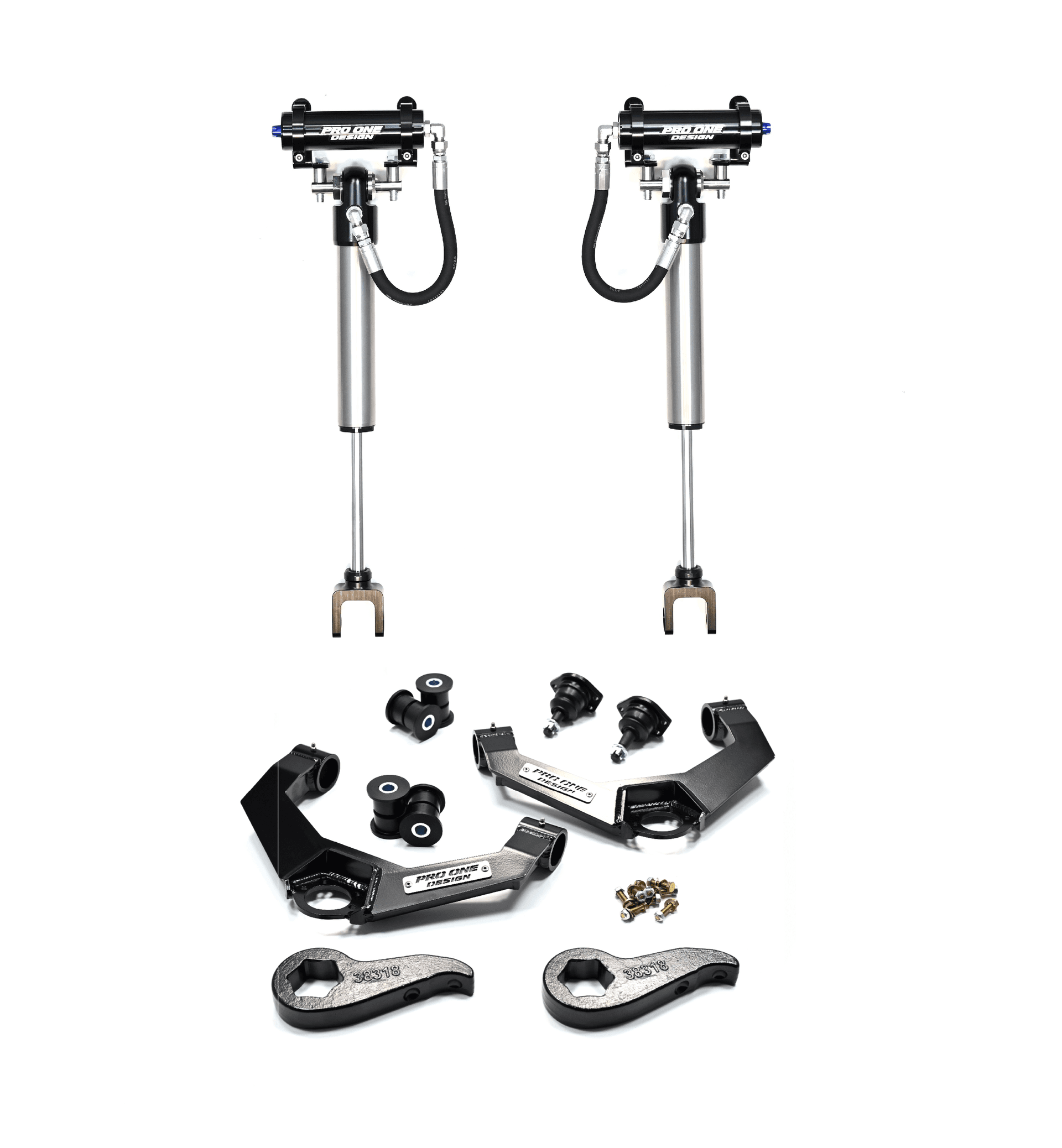 2.5"/ 3.0" LEVELING KIT W/ BOXED SERIES UPPER CONTROL ARMS, TORSION KEYS AND 2.0" REMOTE RESERVOIR FRONT SHOCKS FOR 20-26 CHEVY / GMC 2500HD/3500HD 2WD/4WD    