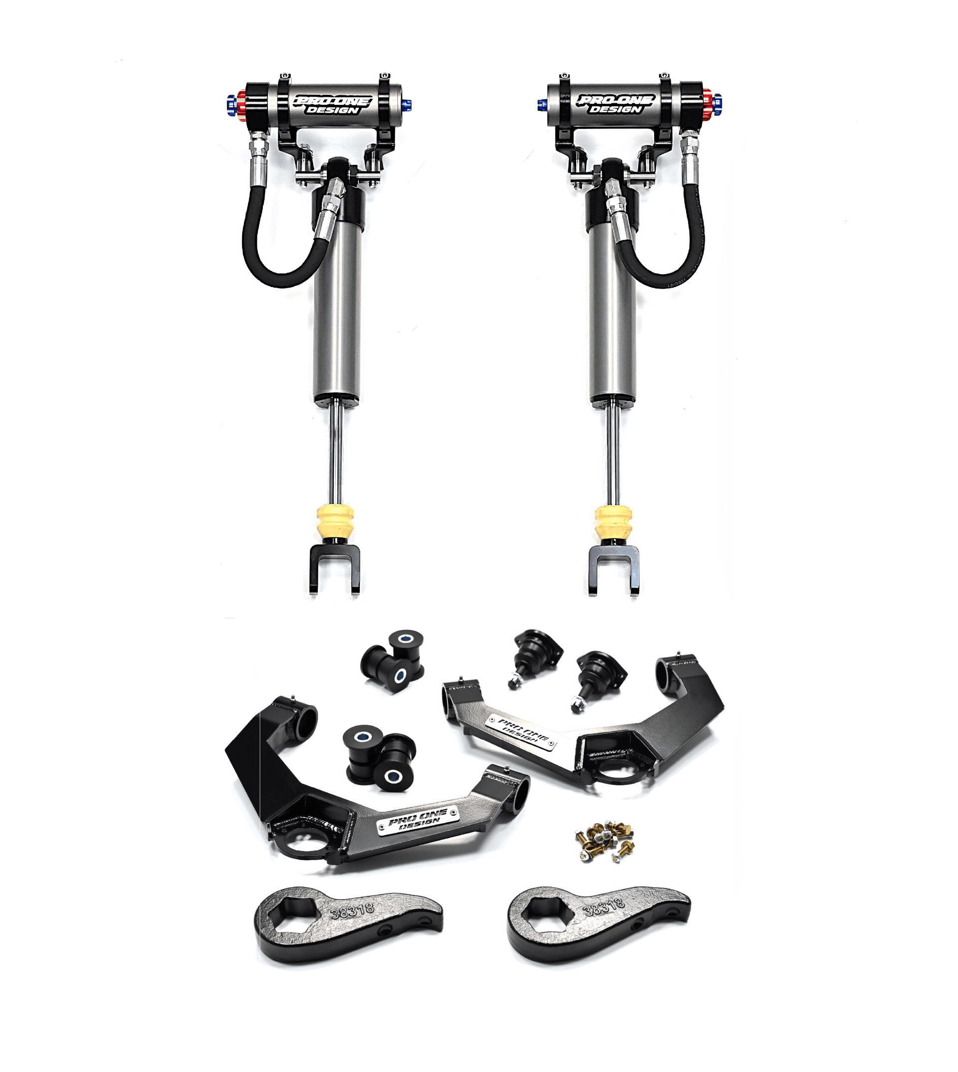 2.5"/ 3.0" LEVELING KIT W/ BOXED SERIES UPPER CONTROL ARMS, TORSION KEYS AND 2.5" REMOTE RESERVOIR FRONT SHOCKS FOR 20-26 CHEVY / GMC 2500HD/3500HD 2WD/4WD  