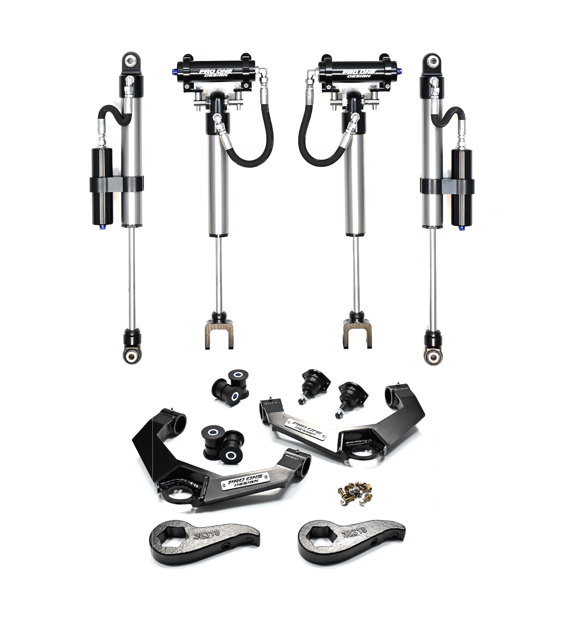 2.5"/ 3.0" LEVELING KIT W/ BOXED SERIES UPPER CONTROL ARMS, TORSION KEYS AND 2.0" REMOTE RESERVOIR FRONT / REAR SHOCKS FOR 20-26 CHEVY / GMC 2500HD/3500HD 2WD/4WD   