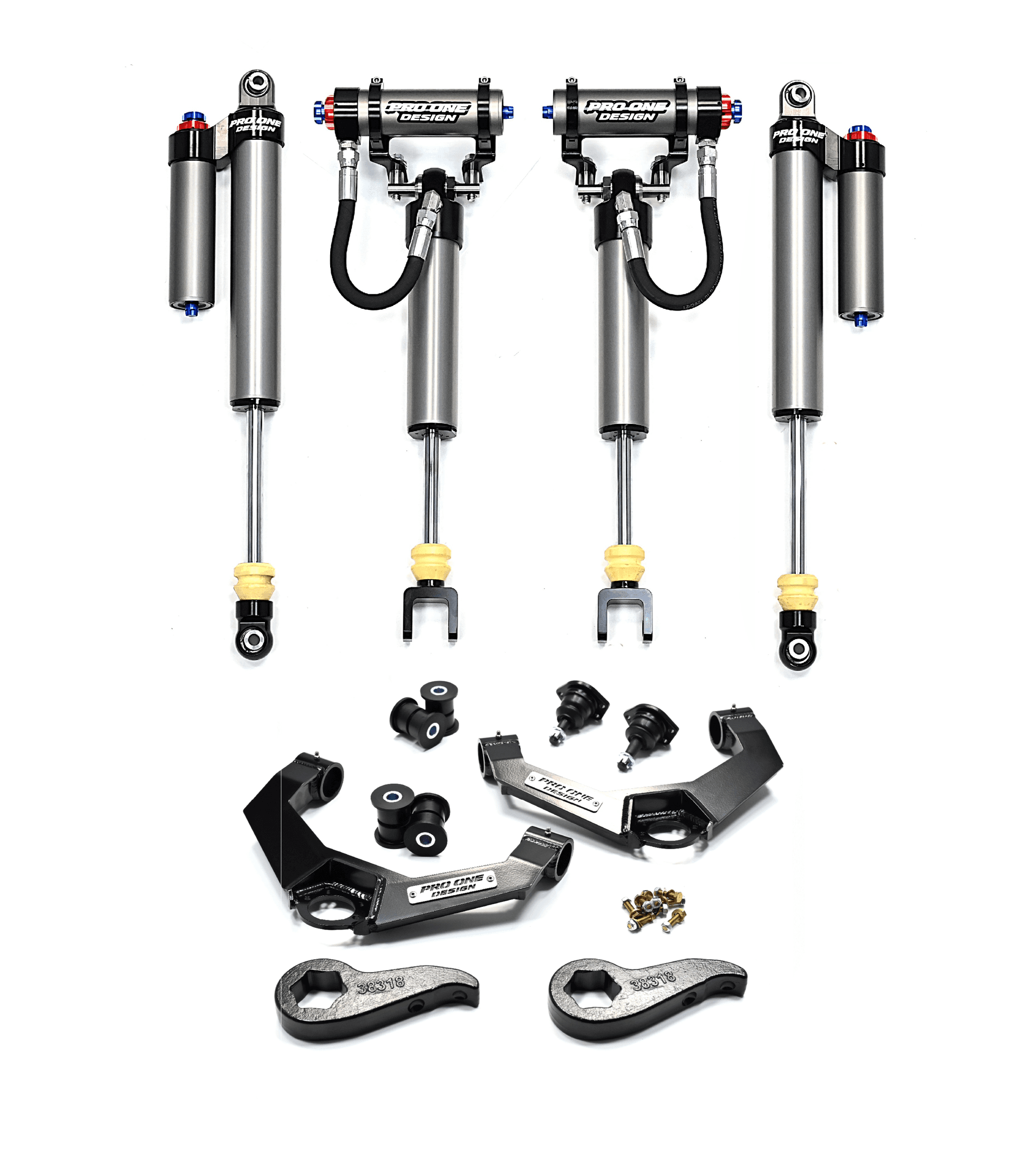 2.5"/ 3.0" LEVELING KIT W/ BOXED SERIES UPPER CONTROL ARMS, TORSION KEYS AND 2.5" REMOTE RESERVOIR FRONT / REAR SHOCKS FOR 20-26 CHEVY / GMC 2500HD/3500HD 2WD/4WD 