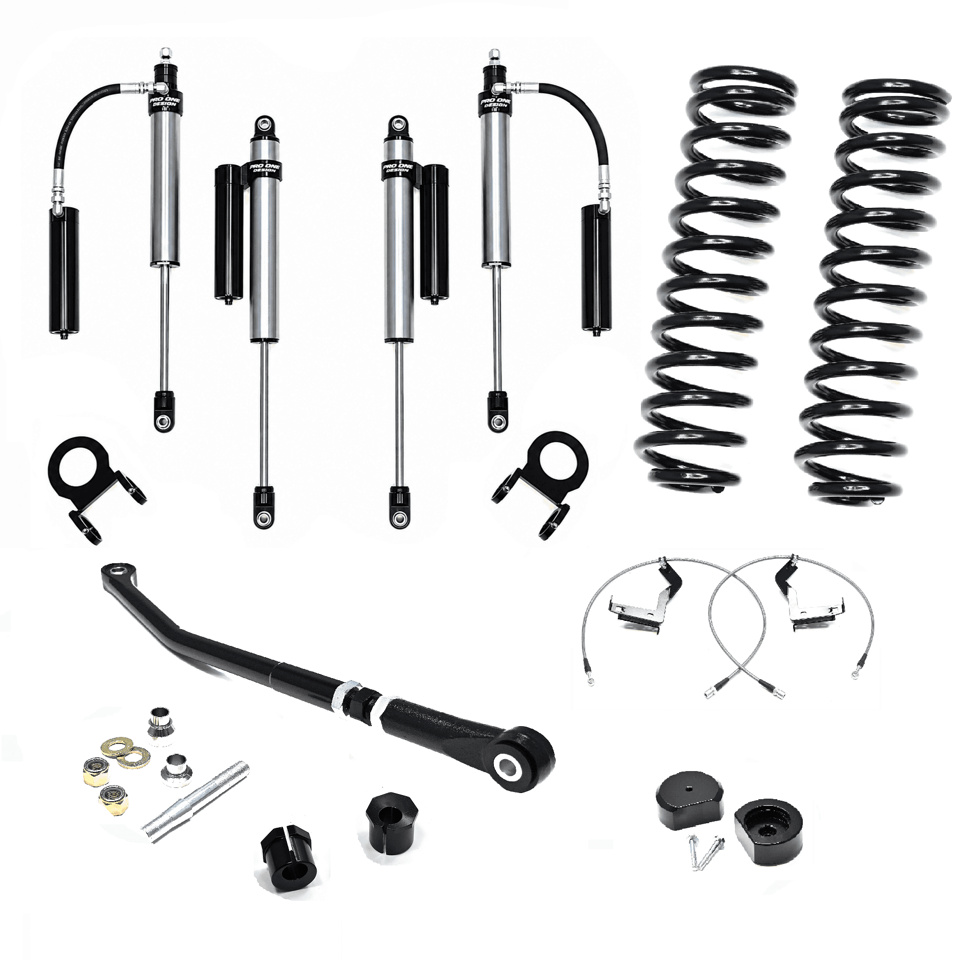 3.5" STAGE 2 SUSPENSION W/ 2.0" PRO ONE DESIGN REMOTE RESERVOIR SHOCK PACKAGE FOR 20-22 FORD F250 / F350 4WD DIESEL  