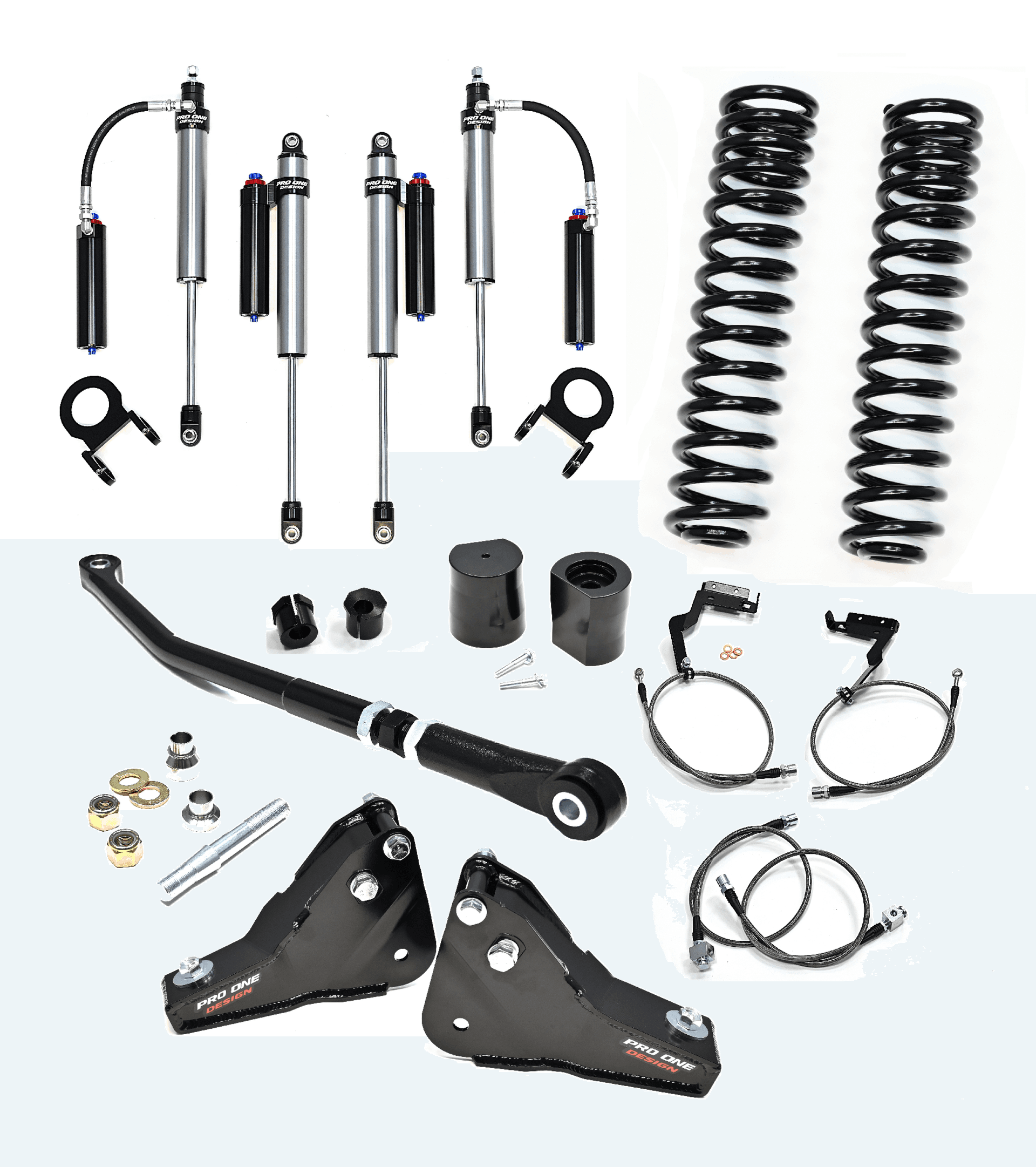 5.5" STAGE 3 SUSPENSION W/ 2.5" PRO ONE DESIGN DSC REMOTE RESERVOIR SHOCK PACKAGE FOR 23-26 FORD F250 / F350 4WD DIESEL  