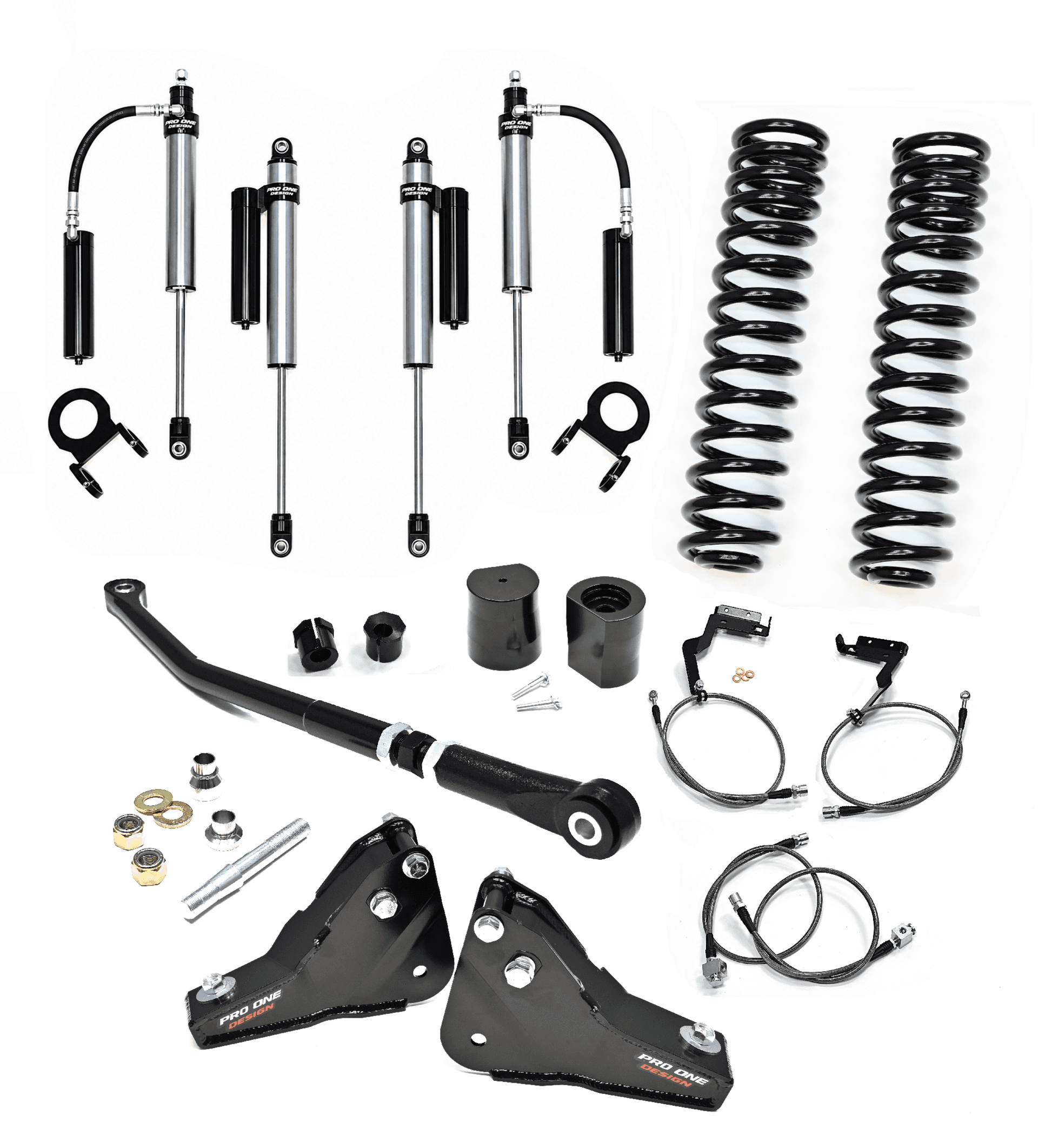 5.5" STAGE 2 SUSPENSION w/ 2.0" PRO ONE DESIGN REMOTE RESERVOIR SHOCK PACKAGE FOR 23-26 FORD F250 / F350 4WD DIESEL 