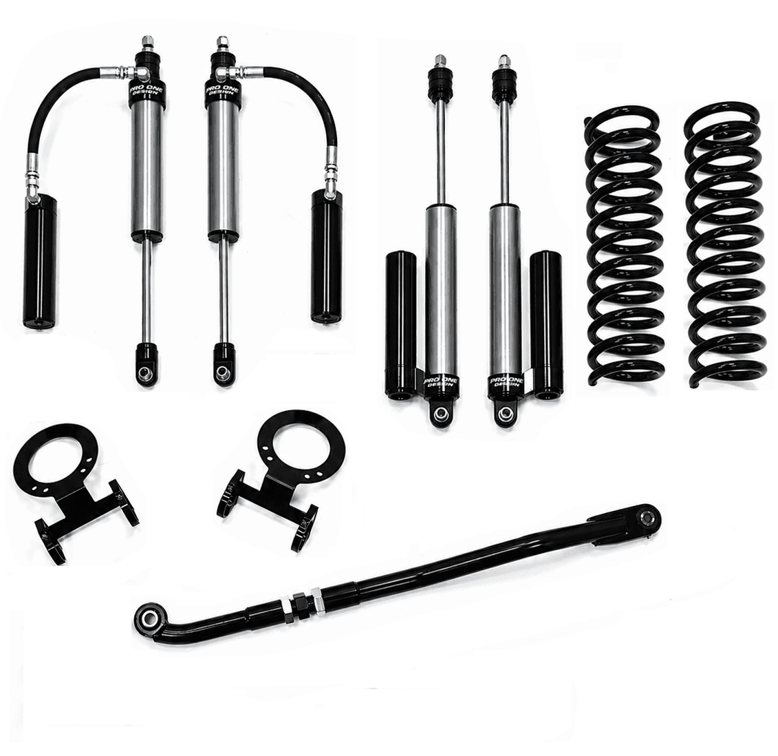 2.5" STAGE 2 LEVELING KIT w/ 2.0" PRO ONE DESIGN REMOTE RESERVOIR SHOCK PACKAGE FOR 14-26 RAM 2500 4WD / 13-26 RAM 3500 4WD