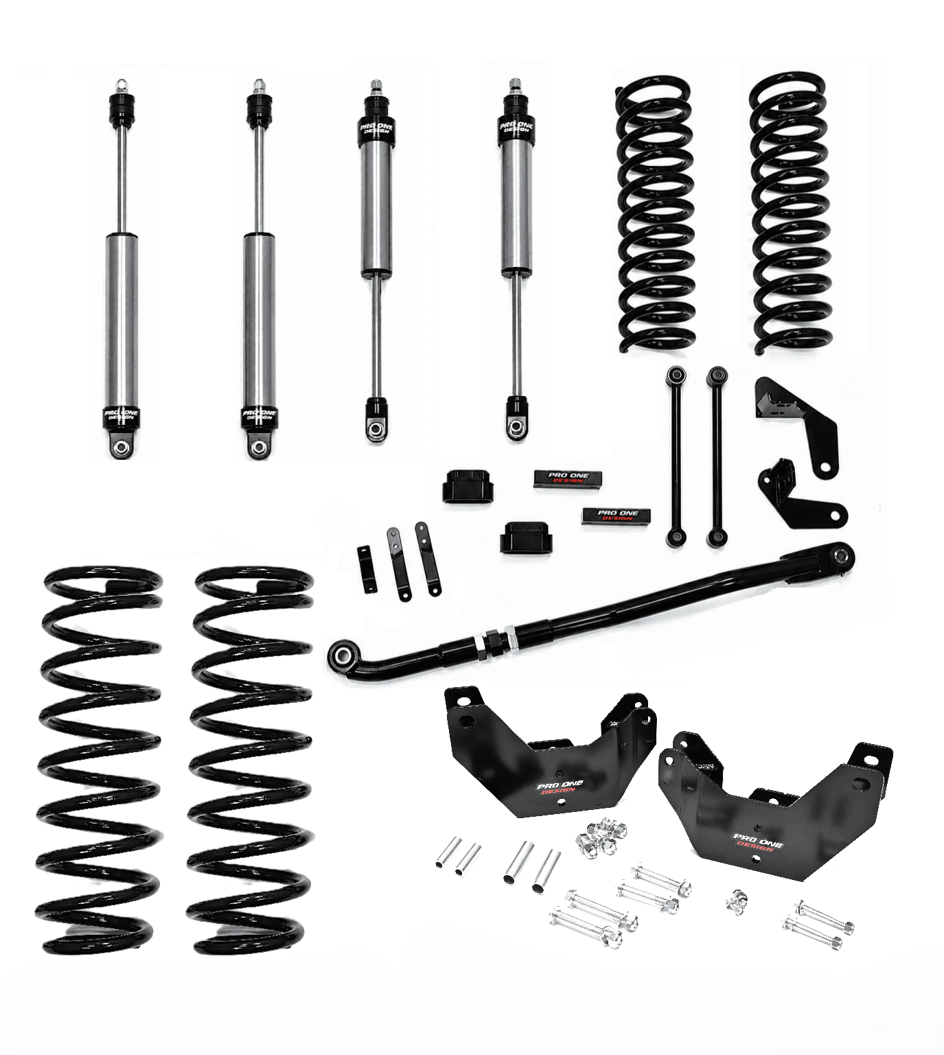 3.25" STAGE 1 SUSPENSION KIT w/ 2.0" PRO ONE DESIGN IFP SHOCK PACKAGE w/ FACTORY REAR COIL SPRINGS FOR 14-26 RAM 2500 4WD 