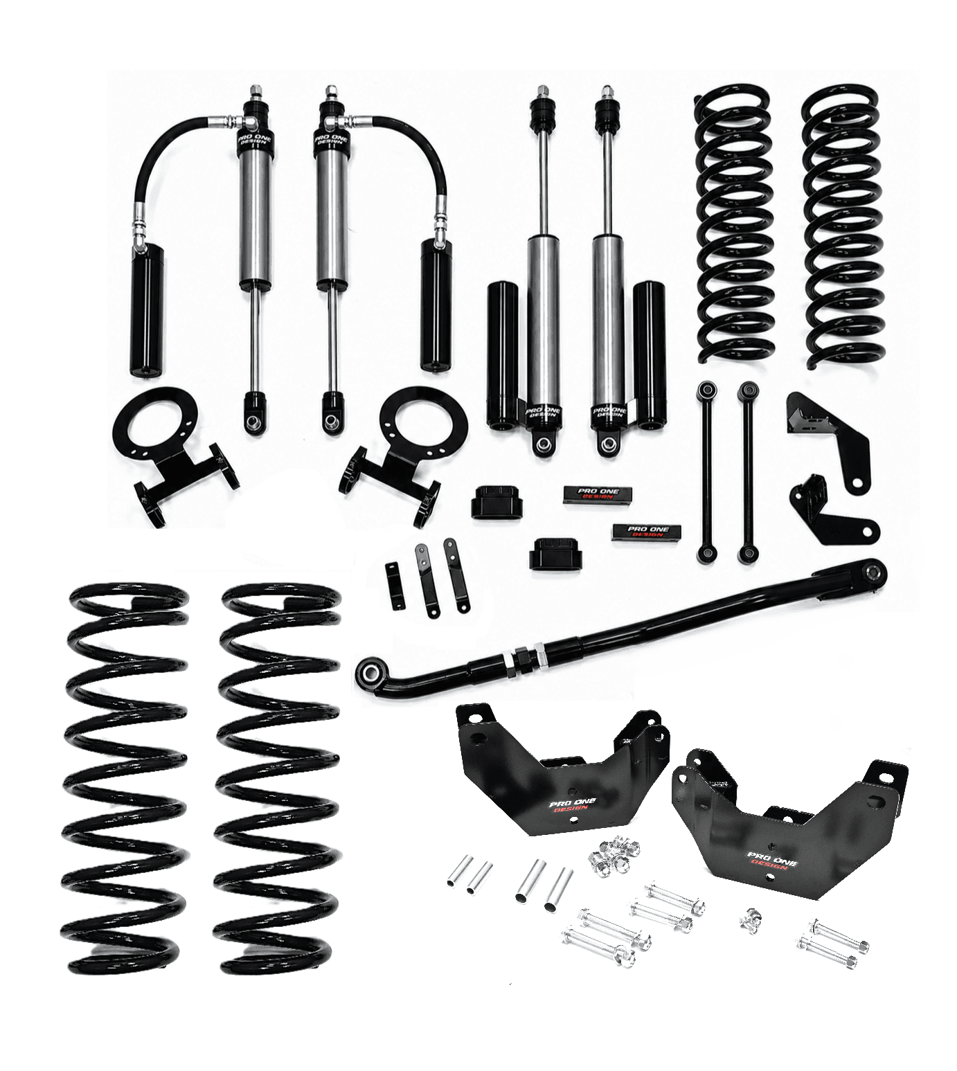 3.25" STAGE 2 SUSPENSION KIT w/ 2.0" PRO ONE DESIGN REMOTE RESERVOIR SHOCK PACKAGE w/ FACTORY REAR COIL SPRINGS FOR 14-26 RAM 2500 4WD 