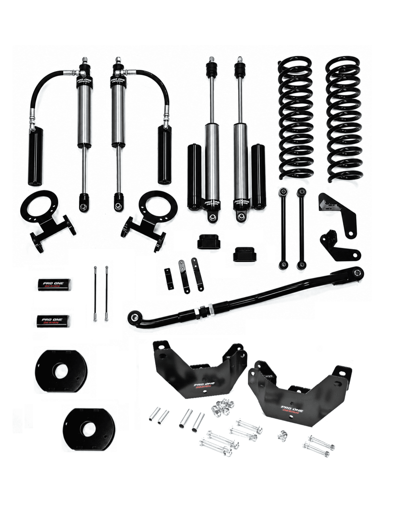 3.25" STAGE 2 SUSPENSION KIT w/ 2.0" PRO ONE DESIGN REMOTE RESERVOIR SHOCK PACKAGE w/ FACTORY REAR AIR BAGS FOR 14-26 RAM 2500 4WD 