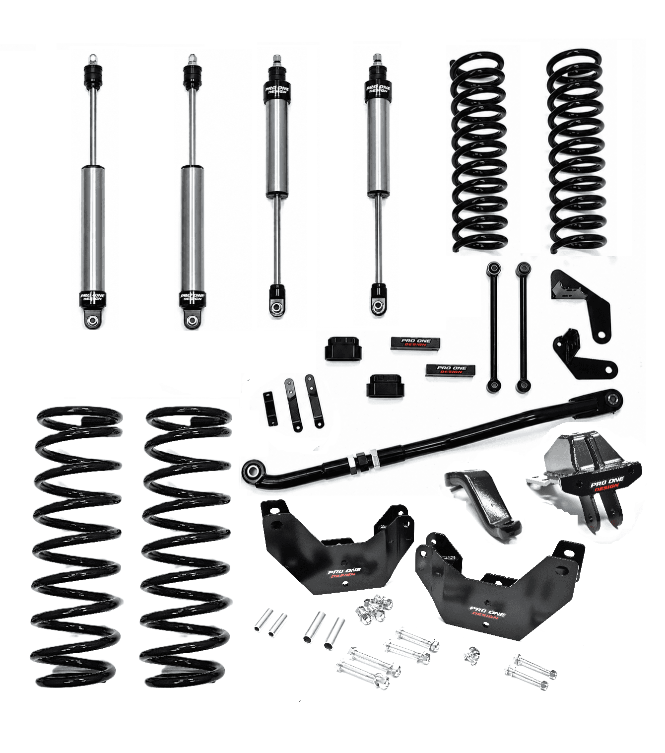 4.25" STAGE 1 SUSPENSION KIT w/ 2.0" PRO ONE DESIGN IFP SHOCK PACKAGE w/ FACTORY REAR COIL SPRINGS FOR 14-26 RAM 2500 4WD 