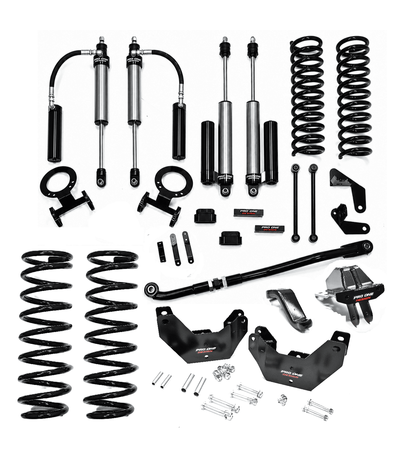 4.25" STAGE 2 SUSPENSION KIT w/ 2.0" PRO ONE DESIGN REMOTE RESERVOIR SHOCK PACKAGE w/ FACTORY REAR COIL SPRINGS FOR 14-26 RAM 2500 4WD 