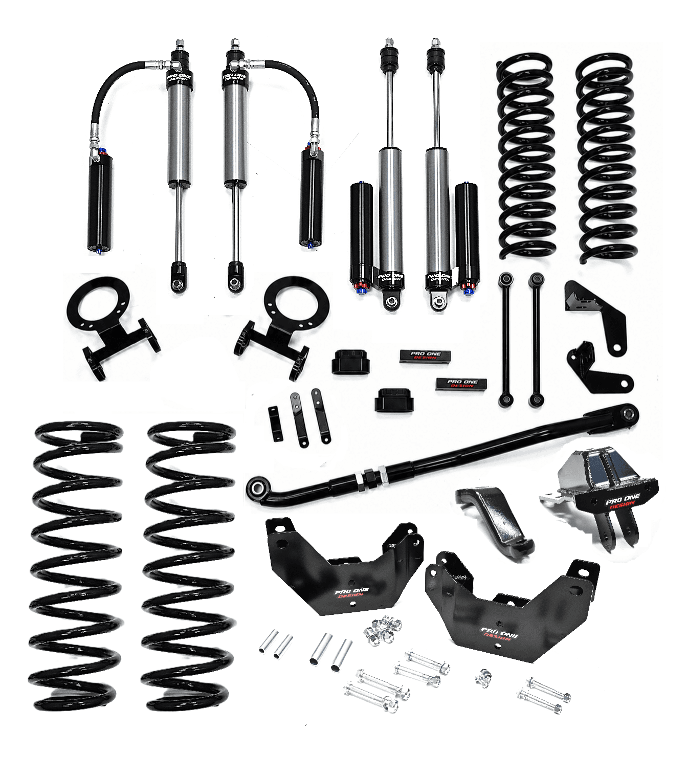 4.25" STAGE 3 SUSPENSION KIT w/ 2.5" PRO ONE DESIGN REMOTE RESERVOIR SHOCK PACKAGE w/ FACTORY REAR COIL SPRINGS FOR 14-26 RAM 2500 4WD  