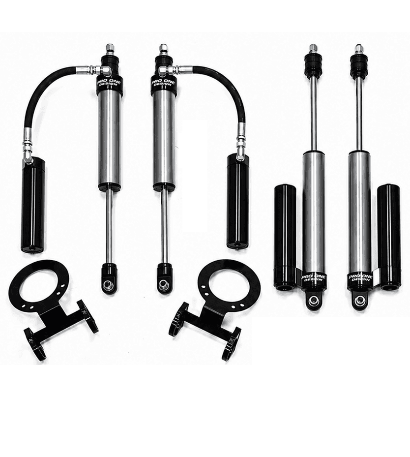 4.25" STAGE 2 SUSPENSION KIT w/ 2.0" PRO ONE DESIGN REMOTE RESERVOIR SHOCK PACKAGE w/ FACTORY REAR AIR SUSPENSION FOR 14-26 RAM 2500 4WD 2