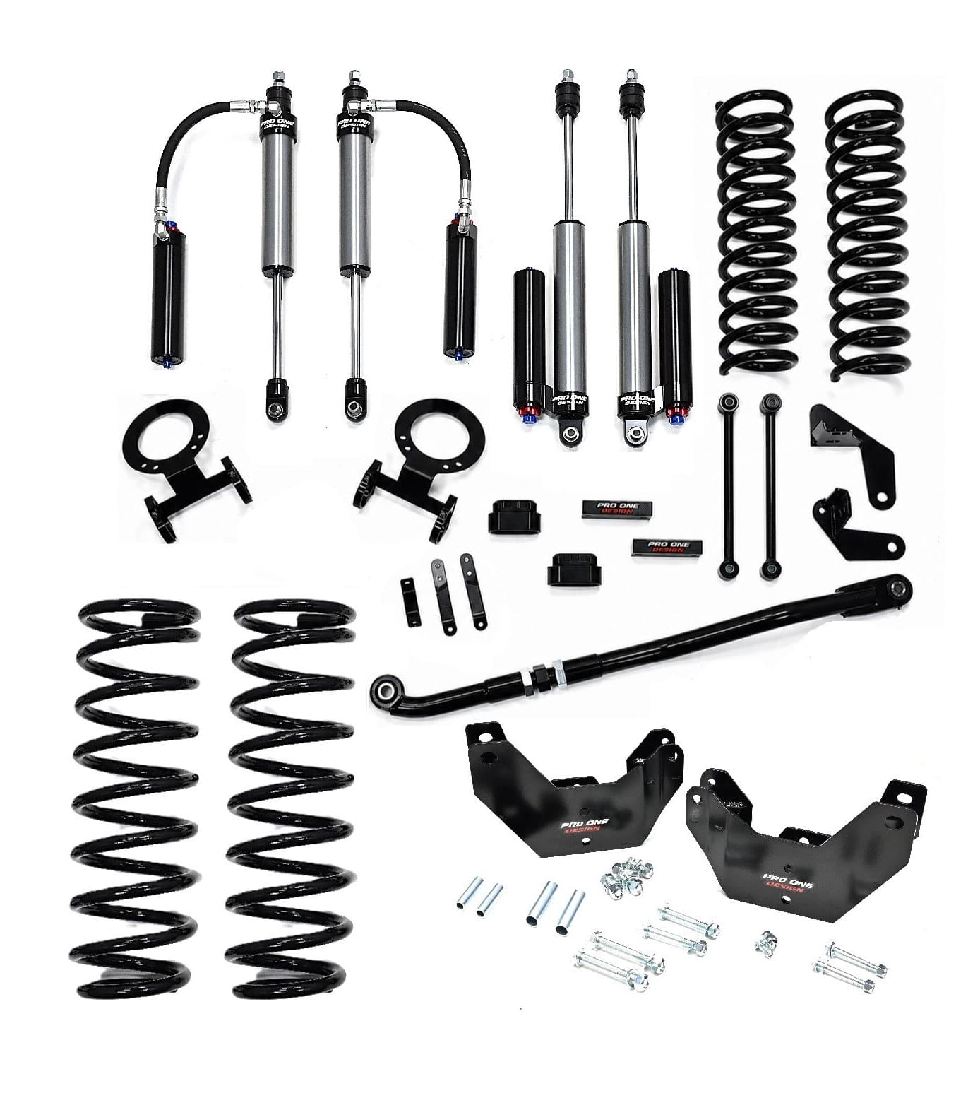 3.25" STAGE 3 SUSPENSION KIT w/ 2.5" PRO ONE DESIGN REMOTE RESERVOIR SHOCK PACKAGE w/ FACTORY REAR COIL SPRINGS FOR 14-26 RAM 2500 4WD 