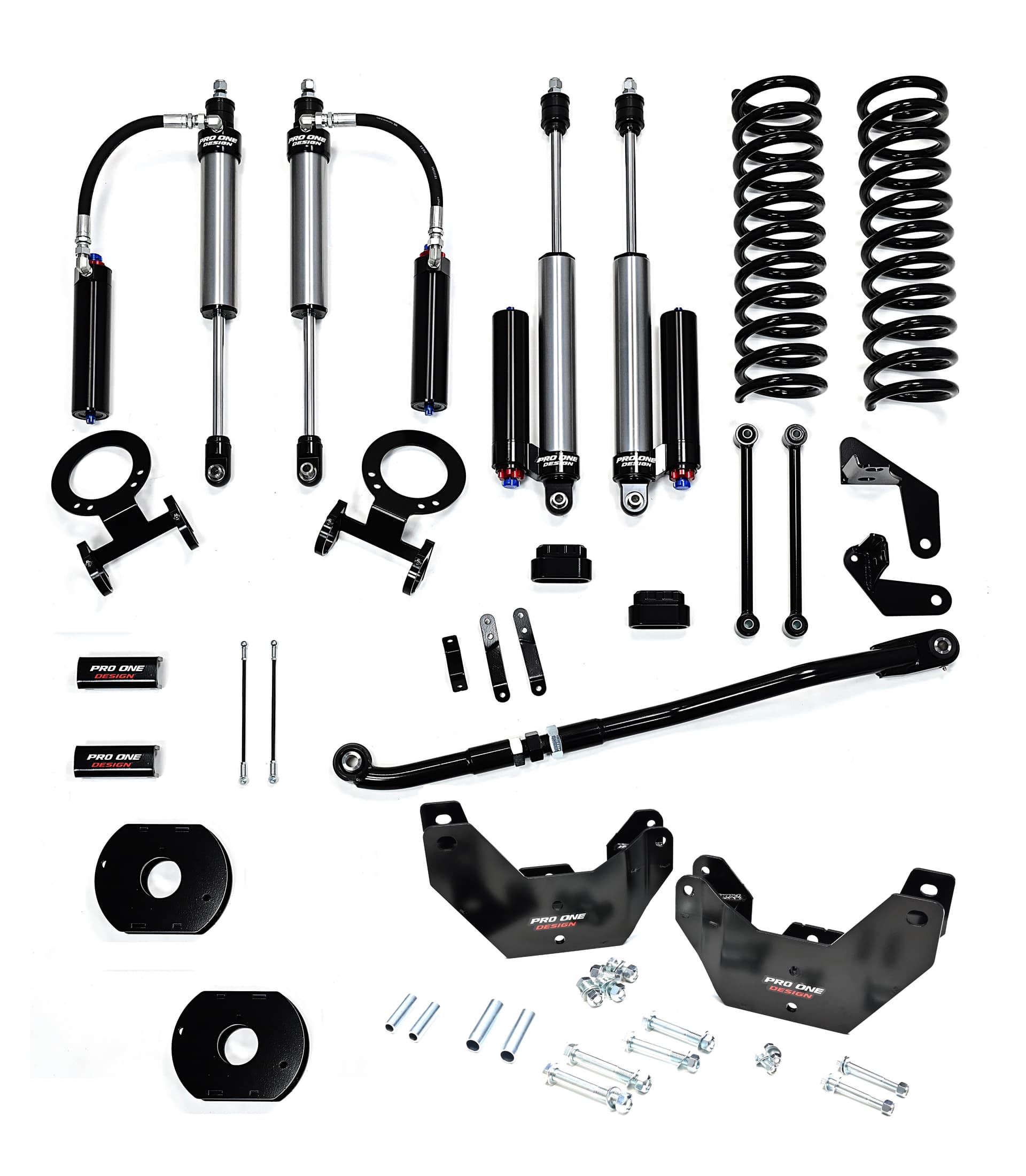 3.25" STAGE 3 SUSPENSION KIT w/ 2.5" PRO ONE DESIGN REMOTE RESERVOIR SHOCK PACKAGE w/ FACTORY REAR AIR BAGS FOR 14-26 RAM 2500 4WD 