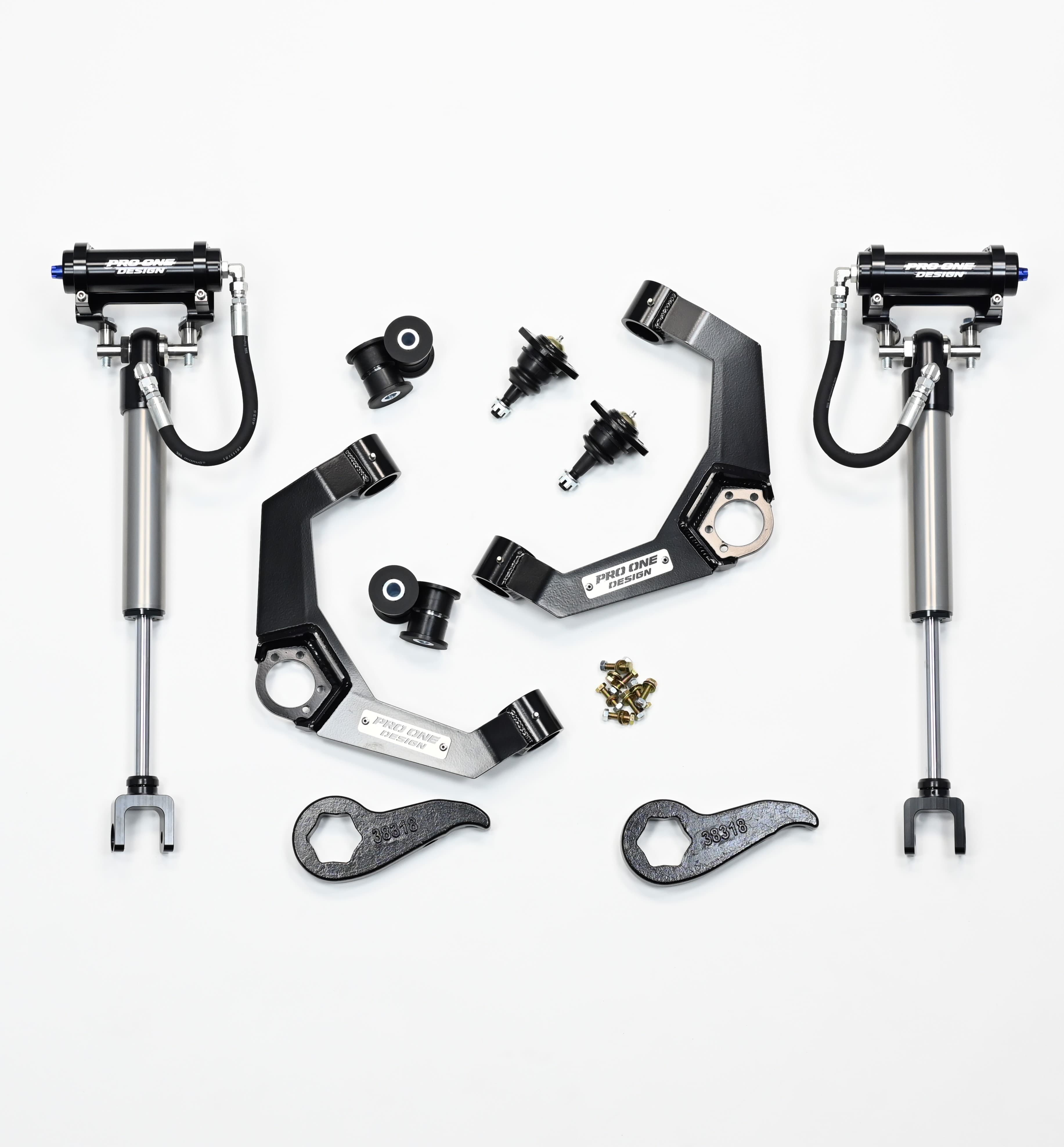 2.5"/ 3.0" LEVELING KIT W/ BOXED SERIES UPPER CONTROL ARMS, TORSION KEYS AND 2.0" REMOTE RESERVOIR FRONT SHOCKS FOR 20-26 CHEVY / GMC 2500HD/3500HD 2WD/4WD
