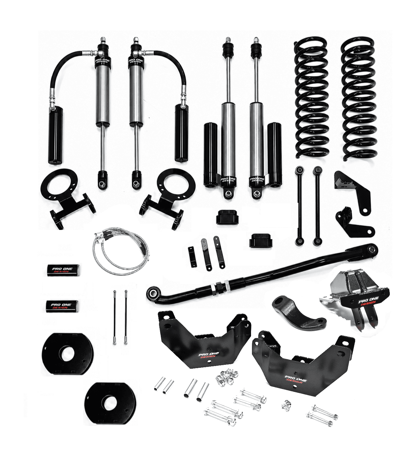 4.25" STAGE 2 SUSPENSION KIT w/ 2.0" PRO ONE DESIGN REMOTE RESERVOIR SHOCK PACKAGE w/ FACTORY REAR AIR SUSPENSION FOR 14-26 RAM 2500 4WD