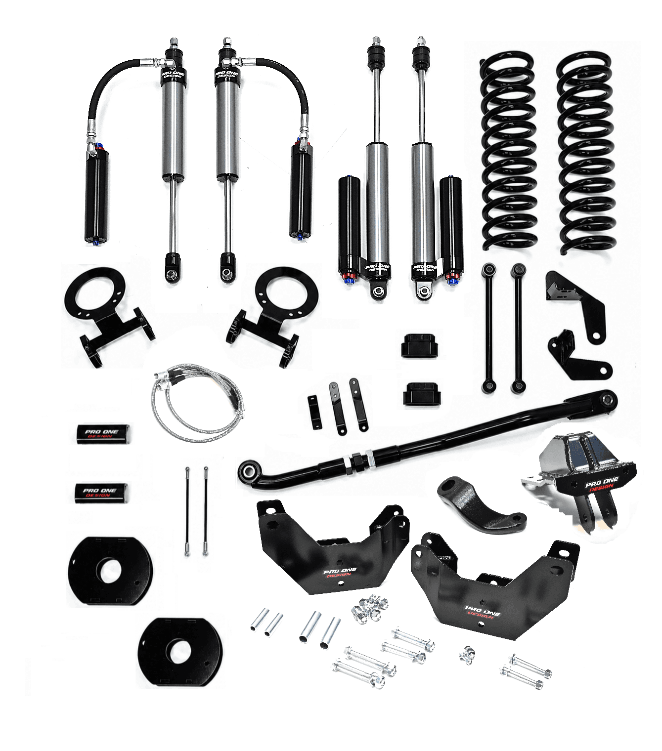 4.25" STAGE 3 SUSPENSION KIT w/ 2.5" PRO ONE DESIGN REMOTE RESERVOIR SHOCK PACKAGE w/ FACTORY REAR AIR SUSPENSION FOR 14-26 RAM 2500 4WD (Copy)