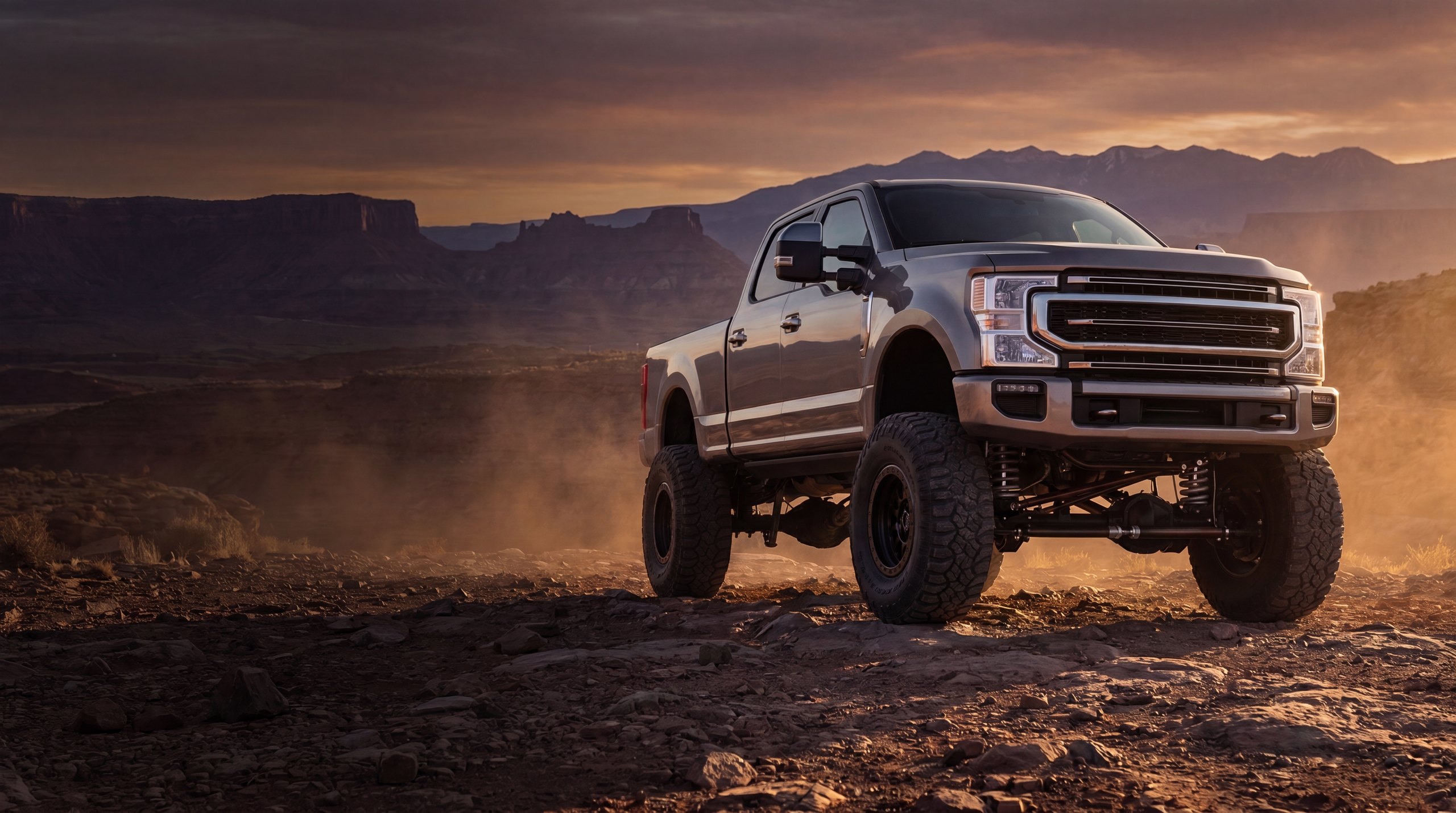 Lifted Ford Super Duty on a desert trail running Pro One Design suspension