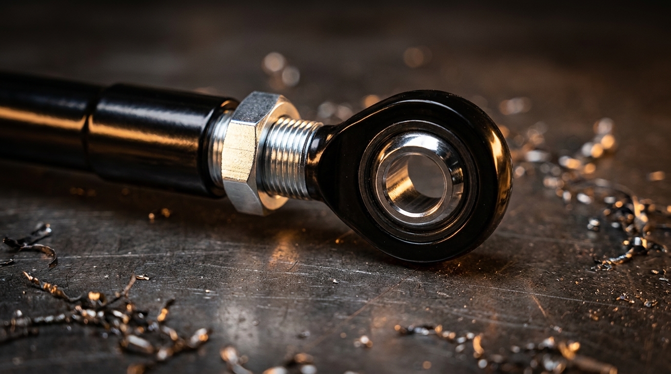 Black forged Pro One Design track bar end with a chrome heim joint